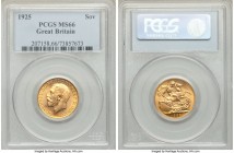 George V gold Sovereign 1925 MS66 PCGS, KM820. A dazzling gem offering every conceivable appeal for the type, including a decadent luster that carries...