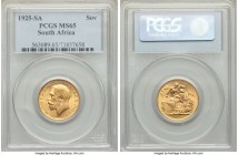 George V gold Sovereign 1925-SA MS65 PCGS, Pretoria mint, KM21. Conditionally impressive, with rose gold contrasts over uniformly and attractively lus...