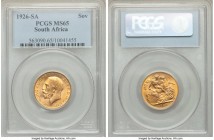George V gold Sovereign 1926-SA MS65 PCGS, Pretoria mint, KM21, S-4004. A worthy date representative displaying ample mint brilliance and an alluring ...