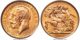 George V gold Sovereign 1928-SA MS66 PCGS, Pretoria mint, KM21. Immensely appealing, with bold features and a delightful rosaceous central tone that c...