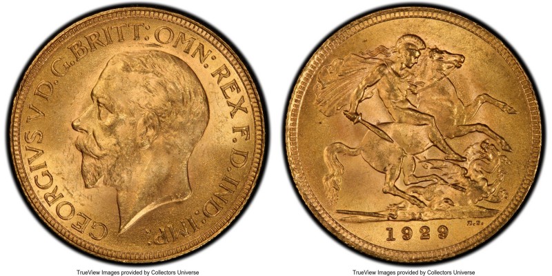 George V gold Sovereign 1929-SA MS65 PCGS, Pretoria mint, KM-A22. Tied for the f...
