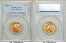 George V gold Sovereign 1930-SA MS64 PCGS, Pretoria mint, KM-A22. Wondrously toned to a striking aged gold, contrasting against a lighter brilliance e...