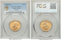 George V gold Sovereign 1931-SA MS65 PCGS, Pretoria mint, KM-A22, S-4005. Far better than the average example that one might see for the type and date...