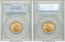 George V gold Sovereign 1932-SA MS65 PCGS, Pretoria mint, KM-A22. The final date in the South African Sovereign series, well-preserved and displaying ...