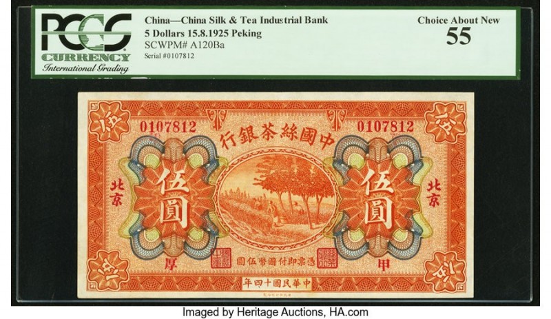China China Silk & Tea Industrial Bank, Peking 5 Dollars 15.8.1925 Pick A120Ba S...