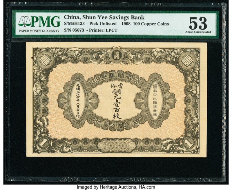 China Shun Yee Savings Bank 100 Coppers 1908 Pick UNL PMG About Uncirculated 53....