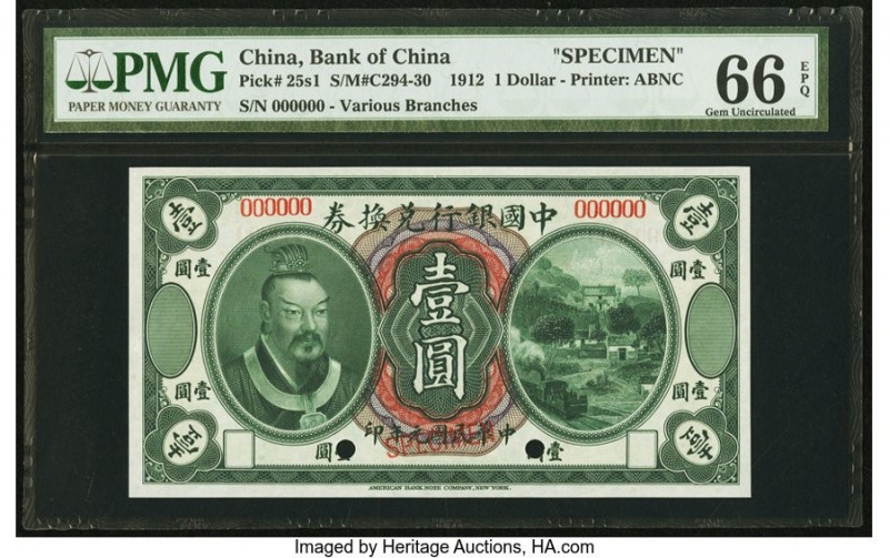 China Bank of China 1 Dollar 1.6.1912 Pick 25s1 S/M#C294-30 Specimen PMG Gem Unc...