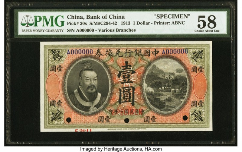 China Bank of China 1 Dollar 1.6.1913 Pick 30s S/M#C294-42 Specimen PMG Choice A...