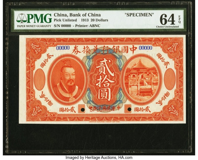 China Bank of China 20 Dollars 1.6.1913 Pick UNL Specimen PMG Choice Uncirculate...