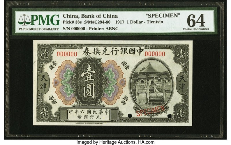 China Bank of China, Tientsin 1 Dollar 1.5.1917 Pick 38s S/M#C294-80 Specimen PM...