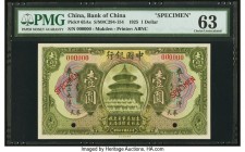 China Bank of China, Mukden 1 Dollar 1.7.1925 Pick 65As S/M#C294-154 Specimen PMG Choice Uncirculated 63. This initial denomination for the Bank of Ch...