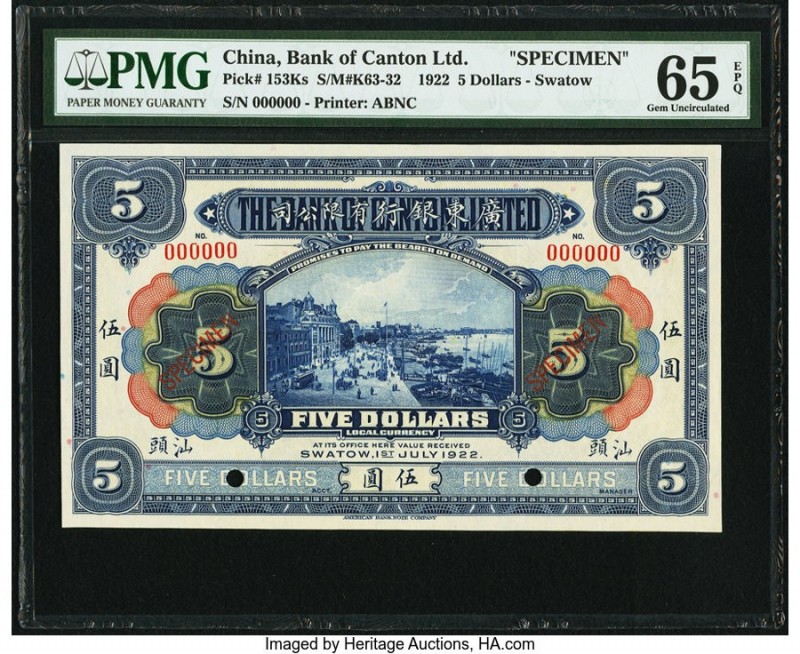 China Bank of Canton Limited, Swatow 5 Dollars 1.7.1922 Pick 153Ks S/M#K63-32 Sp...