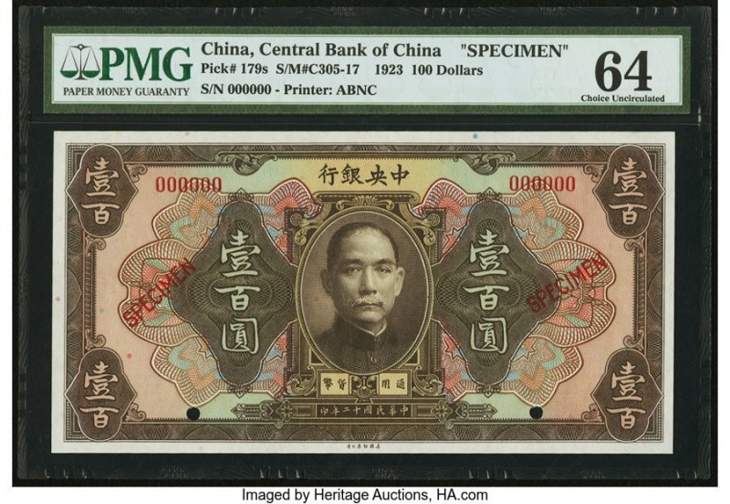 China Central Bank of China 100 Dollars 1923 Pick 179s S/M#C305-17 Specimen PMG ...