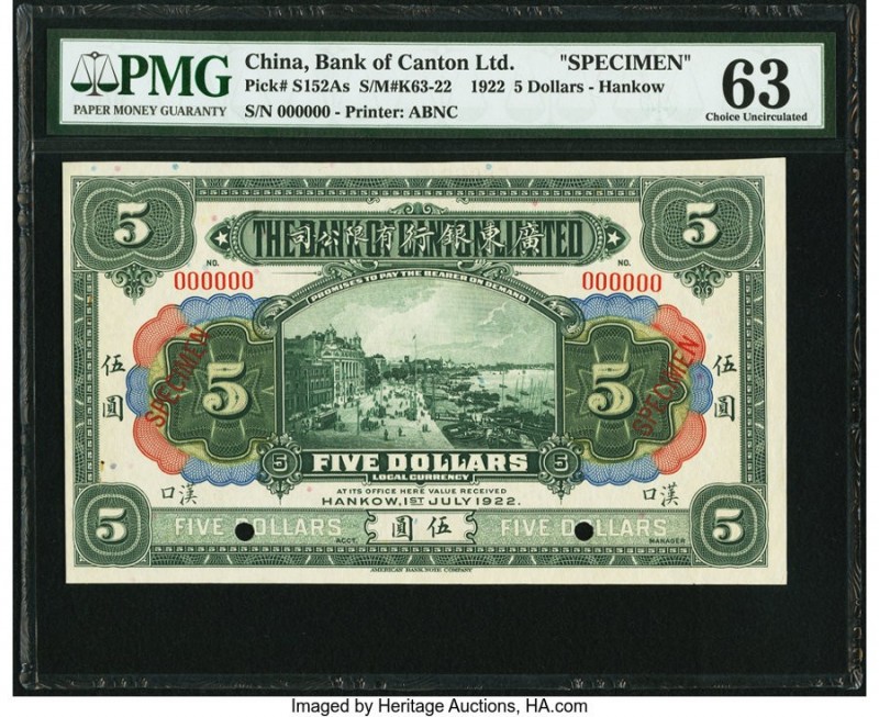 China Bank of Canton Limited, Hankow 5 Dollars 1.7.1922 Pick S152As S/M#K63-22 S...