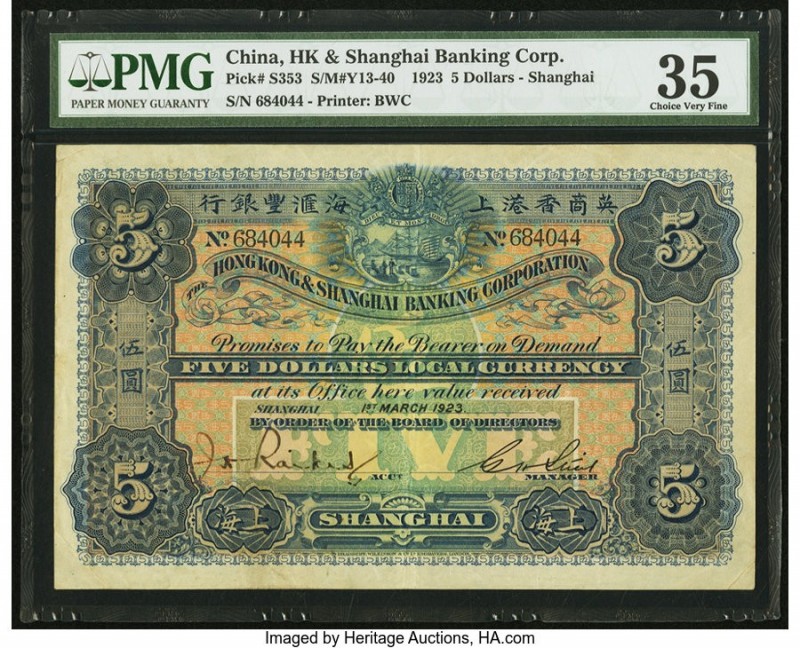 China Hongkong & Shanghai Banking Corporation, Shanghai 5 Dollars 1.3.1923 Pick ...