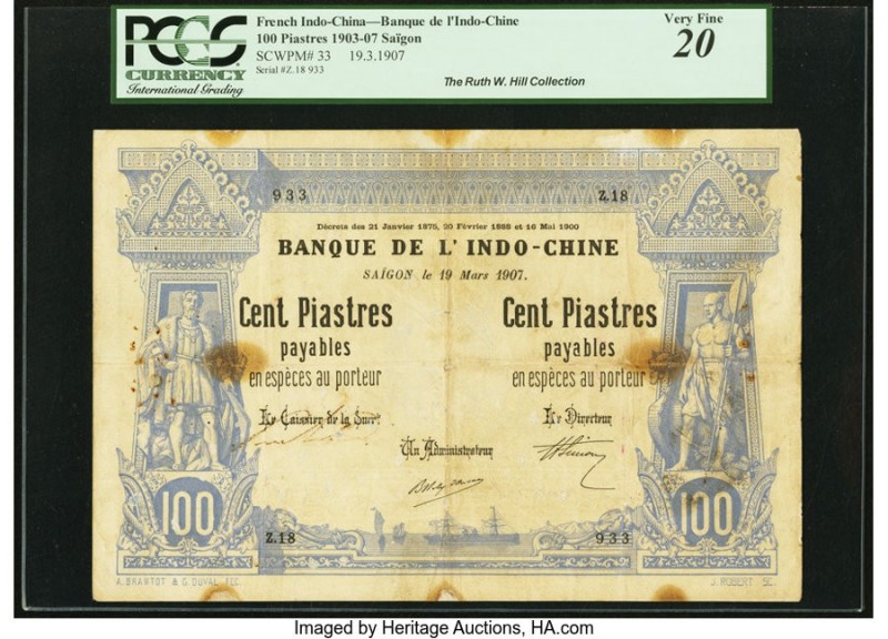 French Indochina Banque de l'Indo-Chine, Saigon 100 Piastres 19.3.1907 Pick 33 P...
