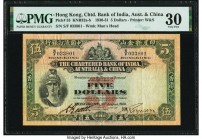 Hong Kong Chartered Bank of India, Australia & China 5 Dollars 18.8.1930 Pick 53 KNB32 PMG Very Fine 30. This rarely seen, hand-signed type is especia...