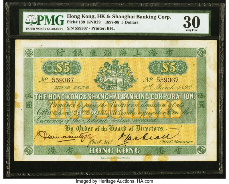 Hong Kong Hongkong & Shanghai Banking Corp. 5 Dollars 1.3.1898 Pick 139 KNB29 PM...