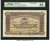 Hong Kong Hongkong & Shanghai Banking Corp. 50 Dollars 1.1.1901 Pick 152s KNB40S Specimen PMG Choice Uncirculated 64. An extremely rare type note, sel...