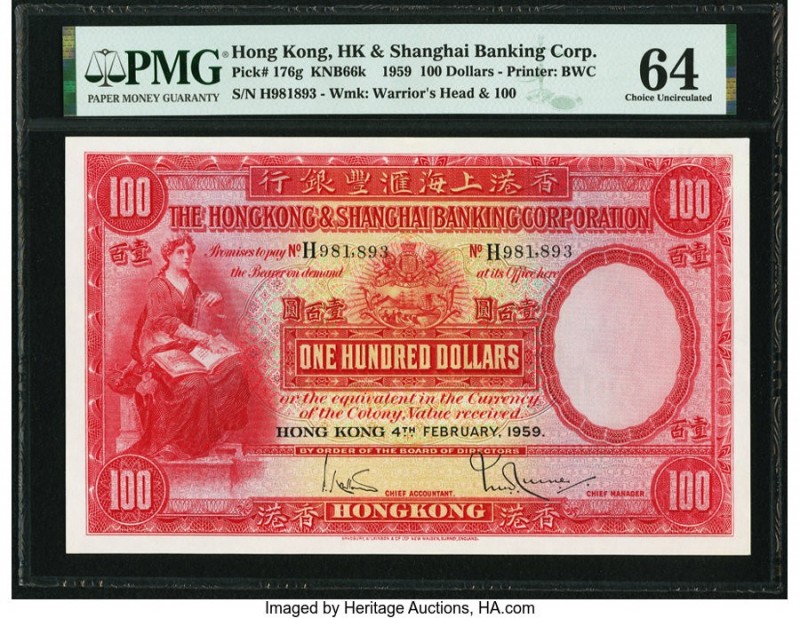 Hong Kong Hongkong & Shanghai Banking Corporation 100 Dollars 4.2.1959 Pick 176g...