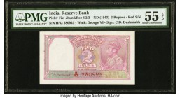 India Reserve Bank of India 2 Rupees ND (1943) Pick 17c Jhunjhunwalla-Razack 4.2.3 Red Serial Numbers PMG About Uncirculated 55 EPQ. The red serial nu...