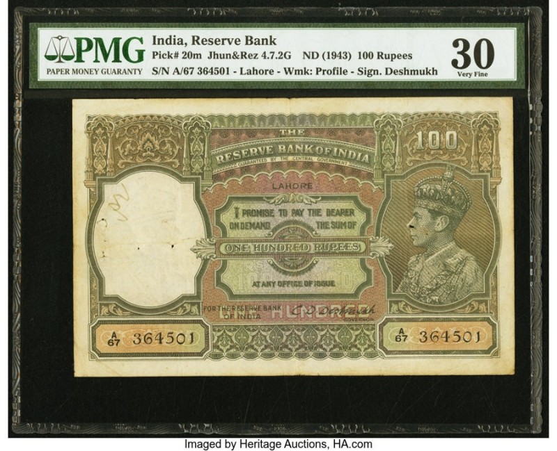 India Reserve Bank of India, Lahore 100 Rupees ND (1943) Pick 20m Jhunjhunwalla-...