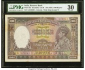 India Reserve Bank of India, Calcutta 1000 Rupees ND (1937) Pick 21b Jhunjhunwalla-Razack 4.8.1B PMG Very Fine 30. An iconic King George VI banknote, ...