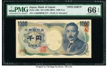 Japan Bank of Japan 1000 Yen ND (1993-2003) Pick 100s Specimen PMG Gem Uncirculated 66 EPQ. While rather ordinary in issued form, this type is heighte...