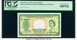 Malaya and British Borneo Board of Commissioners of Currency 5 Dollars 21.3.1953 Pick 2a KNB2a PCGS Superb Gem New 68PPQ. An utterly "Superb" banknote...