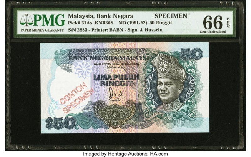 Malaysia Bank Negara 50 Ringgit ND (1991-92) Pick 31As KNB36S Specimen PMG Gem U...