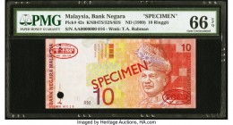Malaysia Bank Negara 10 Ringgit ND (1999) Pick 42s KNB47S/52S/63S Specimen PMG Gem Uncirculated 66 EPQ. A rarely seen Specimen, surprisingly difficult...