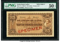 Netherlands Indies De Javasche Bank 25 Gulden ND (1925-31) Pick 71s Specimen PMG About Uncirculated 50 EPQ. Underrated and surprisingly scarce, this s...