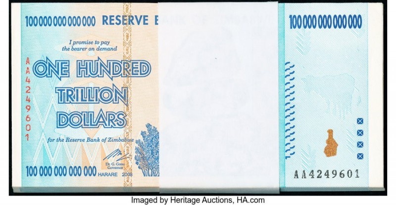 Zimbabwe Reserve Bank of Zimbabwe 100 Trillion Dollars 2008 Pick 91 Pack of 100 ...