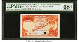Burma Union Bank 1 Kyat ND (1958) Pick 46cts Color Trial Specimen PMG Superb Gem Unc 68 EPQ. Thomas de la Rue prepared this prototype of the initial d...