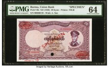 Burma Union Bank 20 Kyats ND (1958) Pick 49s Specimen PMG Choice Uncirculated 64. A rarely seen, fully Uncirculated example Specimen, this note is ple...