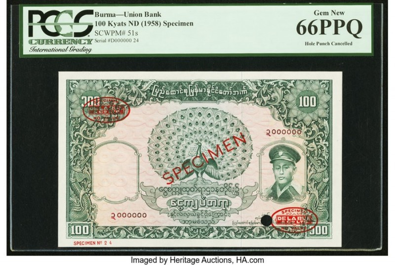 Burma Union Bank 100 Kyats ND (1958) Pick 51s Specimen PCGS Gem New 66PPQ. Outst...