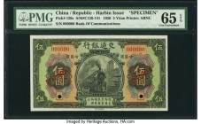 China Bank of Communications, Harbin 5 Yuan 1.12.1920 Pick 129s S/M#C126-141 Specimen PMG Gem Uncirculated 65 EPQ. This scarce and desirable Specimen ...