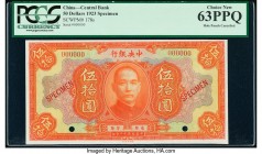 China Central Bank of China 50 Dollars 1923 Pick 178s S/M#C305-16 Specimen PCGS Choice New 63PPQ. A handsome denomination from the Bank of China that ...
