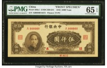 China Central Bank of China 5000 Yuan 1945 Pick 306s S/M#C300-281 Front Specimen PMG Gem Uncirculated 65 EPQ. An impressive portrait of Sun Yat-Sen en...