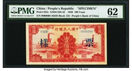 China People's Bank of China 100 Yuan 1949 Pick 834s S/M#C282-42 Specimen PMG Uncirculated 62. A well preserved Specimen, this note exhibits deep red ...