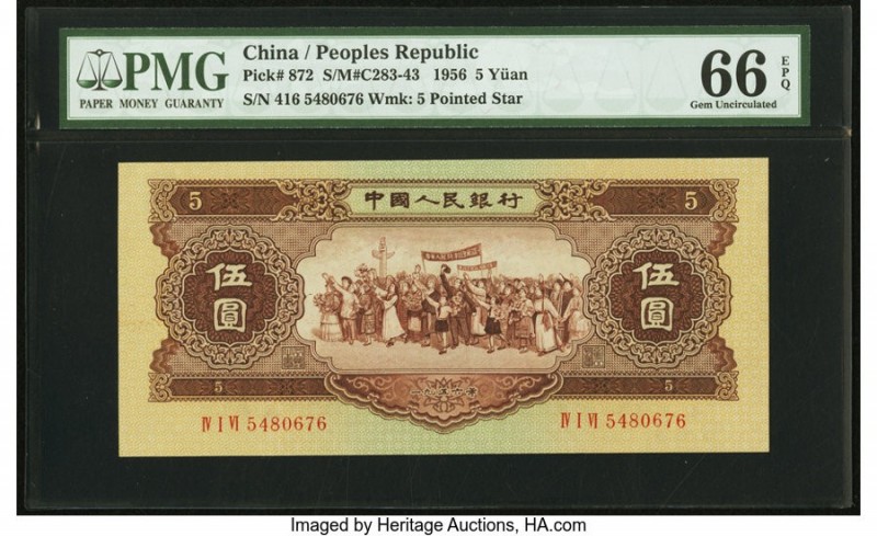 China People's Bank of China 5 Yuan 1956 Pick 872 S/M#C283-43 PMG Gem Uncirculat...