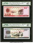 China Bank of China, Foreign Exchange Certificate 50; 100 Yuan 1979 Pick FX6s; FX7s Two Specimen PMG Superb Gem Unc 67 EPQ (2). Two of the highest den...