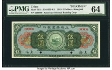 China American-Oriental Banking Corporation, Shanghai 5 Dollars 16.9.1919 Pick S97s S/M#S53 Specimen PMG Choice Uncirculated 64. Very rare in issued f...