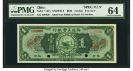 China American Oriental Bank of Fukien, Foochow 1 Dollar 16.9.1922 Pick S107s S/M#F26-1 Specimen PMG Choice Uncirculated 64. A seldom seen type, and m...