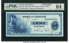 French Indochina Banque de l'Indo-Chine 100 Piastres ND (1945) Pick 78s Specimen PMG Choice Uncirculated 64. Inked in blue tones, this simply beautifu...