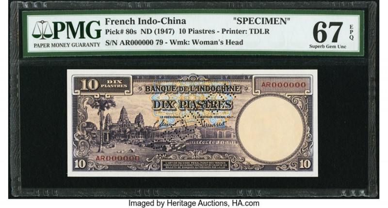 French Indochina 10 Piastres ND (1947) Pick 80s Specimen PMG Superb Gem Unc 67 E...