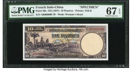 French Indochina 10 Piastres ND (1947) Pick 80s Specimen PMG Superb Gem Unc 67 EPQ. A landscape vignette of Angkor Wat highlights the front of this Sp...