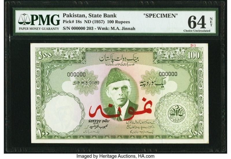 Pakistan State Bank of Pakistan 100 Rupees ND (1957) Pick 18s Specimen PMG Choic...