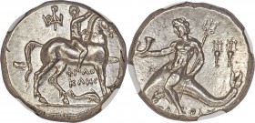 CALABRIA. Tarentum. Ca. 240-228 BC. AR didrachm or stater (19mm, 6.58 gm, 5h). NGC MS 4/5 - 4/5, brushed. Philocles, Phars- and Le-, magistrates. Nude...