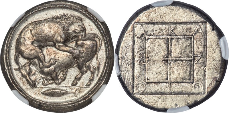 MACEDON. Acanthus. Ca. 470-430 BC. AR tetradrachm (28mm, 17.49 gm, 8h). NGC AU 5...